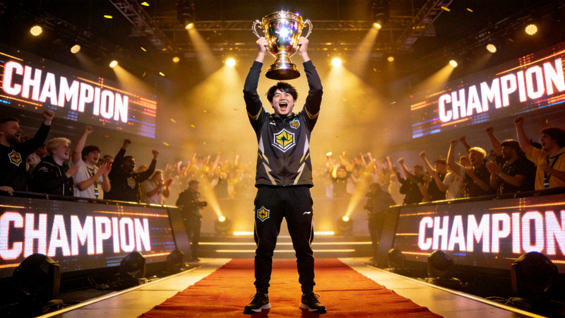 电竞世界冠军Shadow在领奖台上高举冠军奖杯的辉煌时刻