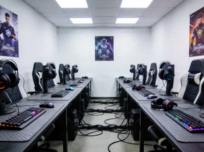 设备室，整齐摆放着选手的外设装备