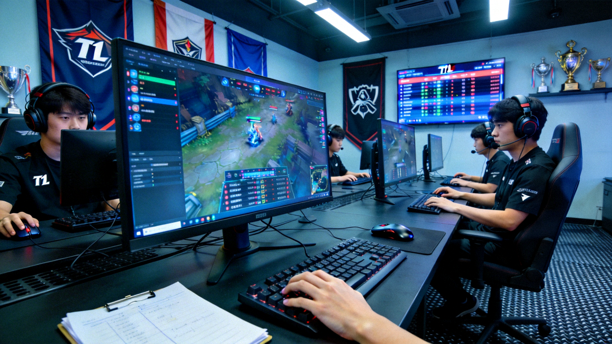 T1战队训练基地实拍，Faker与队友正在进行高强度团队训练赛