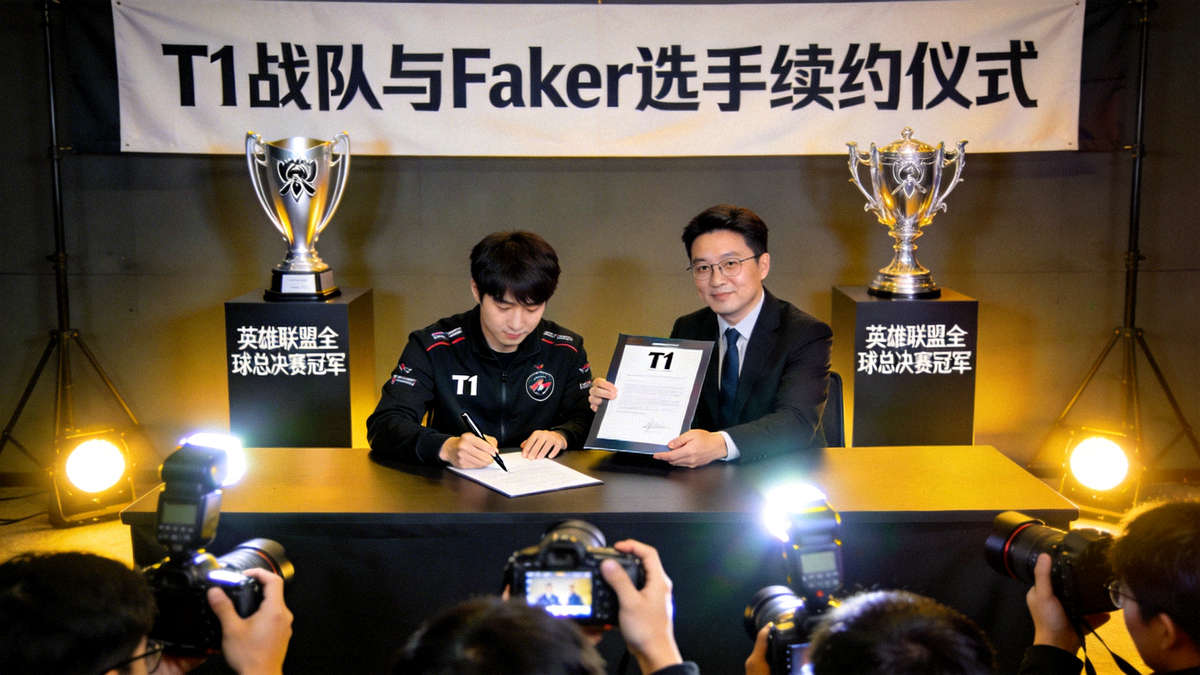 英雄联盟全球总决赛冠军选手Faker与T1战队续约新闻发布会现场